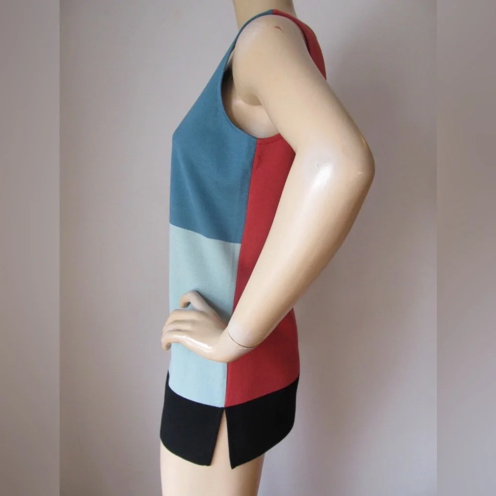 ST JOHN XL Mint Julep Cinnabar Black Caviar Colorblock Sleeveless Wool Knit Tank - Picture 3 of 15